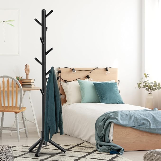 Simple Houseware Wooden Coat Rack Stand, Hall Tree with 9 Hooks, Black | Adjustable Tree Rack for Entryway, Hallway, Bedroom, Office