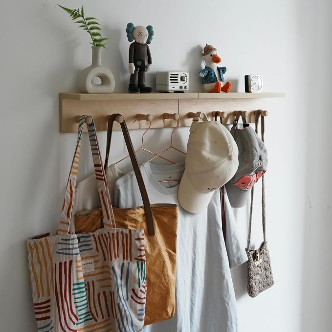 Entrance Coat Rack ，Coat Hooks, Wall-Mounted Wooden Hook Rack, Wall-Mounted Shelves are Very Suitable (Birch Color Finish—A-2)
