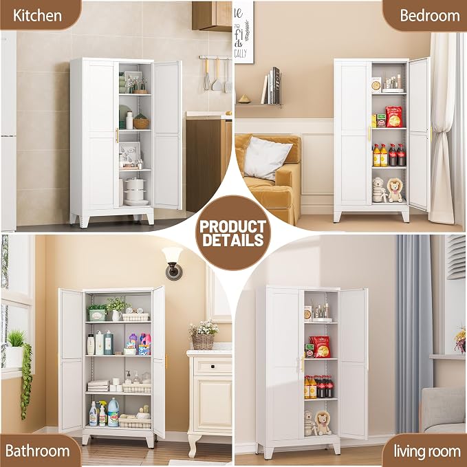 PAOFIN Metal Kitchen Pantry Storage Cabinet with 2 Doors and 3 Adjustable Shelves,Pantry Cabinet with Adjustable Leveling Foot for Kitchen, Living Room, Dining Room（White）