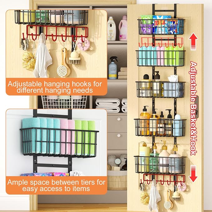 Hongtamoya Adjustable Over the Door Organizer, Metal Hanging Door Organizer with 5 Wire Basket 7 Hooks, Wall Mounted Shelf for Pantry Laundry Organization and Storage, Black
