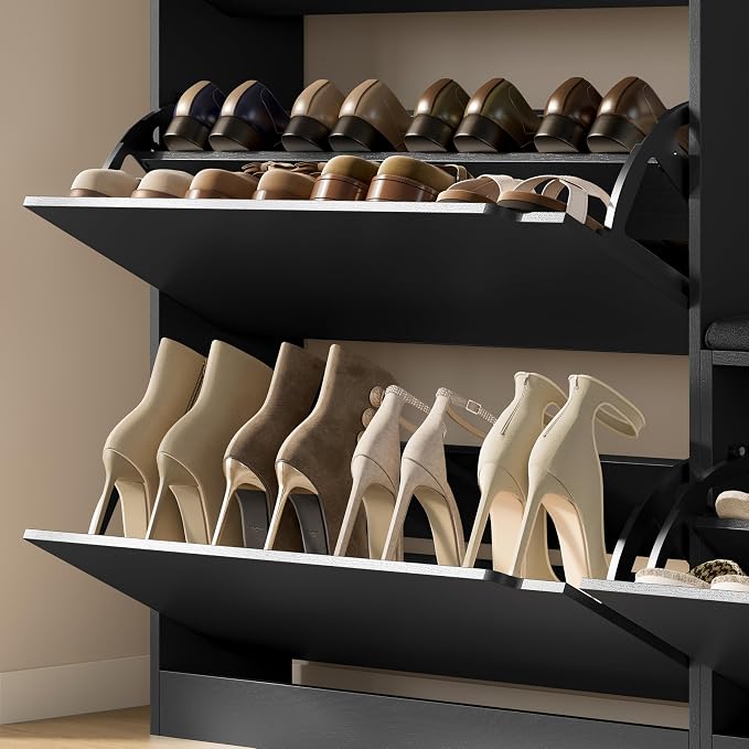 BORNOON Shoe Cabinet with Bench and 3 Flip Drawers, Slim Narrow Shoe Storage Cabinet, Freestanding Shoe Rack Organizer with Adjustable & Removable Shelves, Anti-Tip for Entryway, Hallway, Foyer