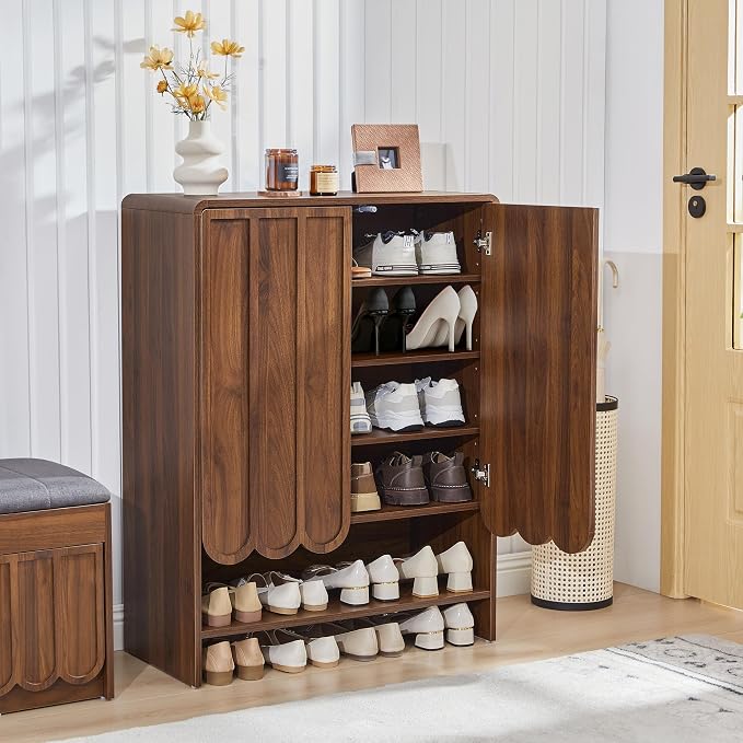 Shoe Storage Cabinet with Scalloped Doors, 5-Tier Wooden Shoe Cabinet with Adjustable Shelves, Shoes Rack Storage Organizer for Entryway, Hallway, Living Room, Walnut