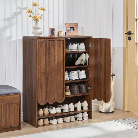 Shoe Storage Cabinet with Scalloped Doors, 5-Tier Wooden Shoe Cabinet with Adjustable Shelves, Shoes Rack Storage Organizer for Entryway, Hallway, Living Room, Walnut