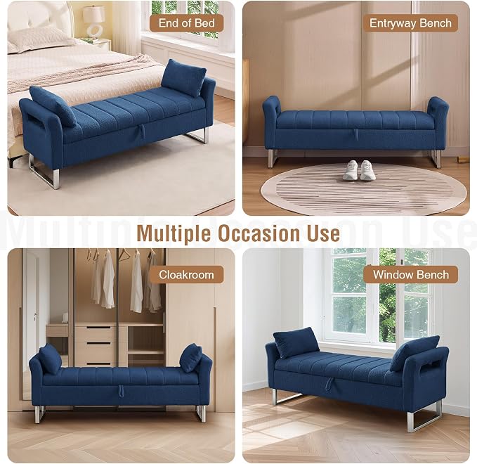 66" Storage Bench for Bedroom Upholstered End of Bed Bench King Size Blue | Long Bedroom Benches for Foot of Bed King,Teddy Storage Bed Bench with Gold Legs,2 Pillows for Entryway Windows Cloakroom