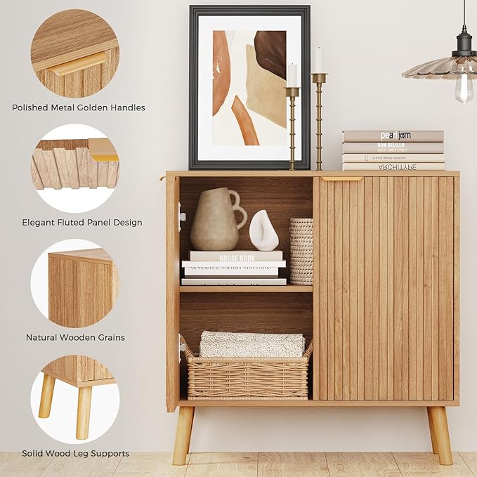 Set of 4 Fluted Storage Cabinet, Buffet Cabinet with Storage, Wood Sideboard with Adjustable Shelf, Modern Accent Cabinet & Console Table for Entryway, Living Room, Dining Room, Natural