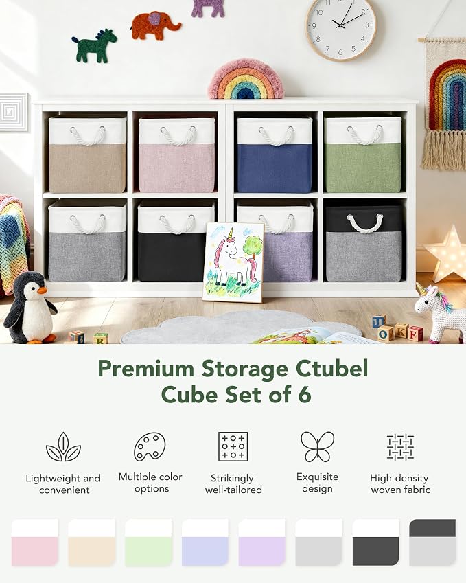 12x12 Inch Fabric Cube Storage Bins with Cotton Rope Handle 6-Pack | Top Support of Metal Frame, Bottom with Cardboard Support, Foldable Storage Bins for Closet, Bedroom, White Green