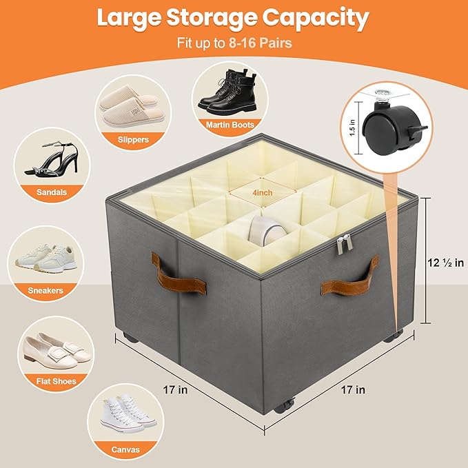 Foyego 2 Pack Shoe Organizer for Closet, Shoe Storage with Wheels, Gray | Fits 32 Pairs, with Adjustable Dividers and Clear Cover, Saving Space Foldable Fabric Closet Shoe Storage Organizer Box Bins