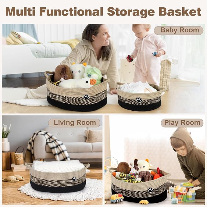 Optish Dog Toy Basket, 30L Toy Box and Bin for Dog Cat Storage, 19.7" X 11" X 7.9" Large Woven Rope Basket for Blanket Storage, Living Room, Bedroom, Black & Brown