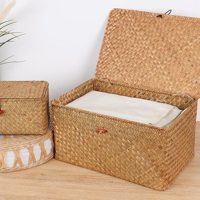 Moosky Wicker Shelf Baskets with Lid,Natural Seagrass Storage Basket Boxes Handwoven Rectangular Baskets Bins Multipurpose Home Organizer Decor (Large+Medium+Small)