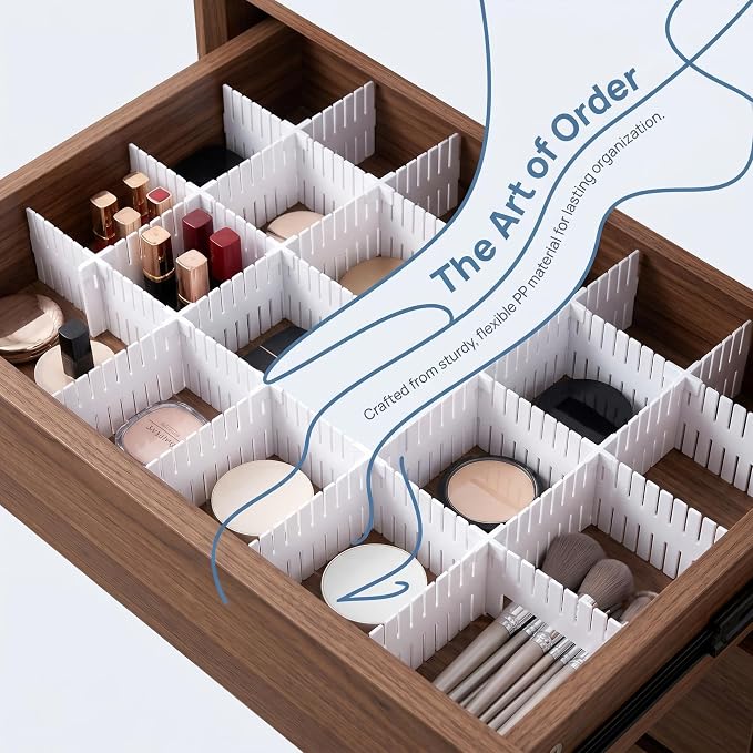 20 PCS with 25 Accessories, Adjustable Plastic Drawer Organizer Inserts, 12.6" x 2.76" x 0.08" White Interlocking Grid Separators for Dresser, Kitchen, Bathroom, Office & Craft Room Storage