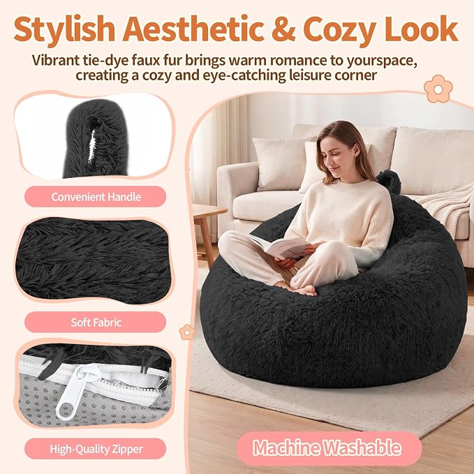 Stuffed Animal Storage Bean Bag Chair Cover, Soft Bean Bag Cover | Fluffy Faux Fur Stuffed Animal Storage Chair, Non-Slip Bottom, Fill with Plush Toys or Blankets, for Adults Teens Kids Girls