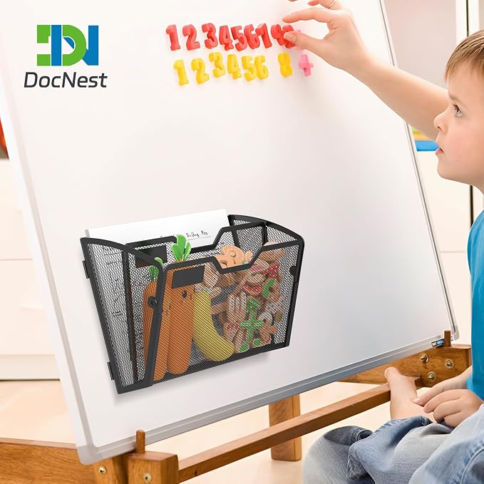 Docnest 3 Pack 2 Tier Dual-Mount Magnetic Mesh File Holders, Wall Organizer | Mount magnets or screws. 2-in-1 hanging mesh mail letter organizer with hooks for office and home clutter