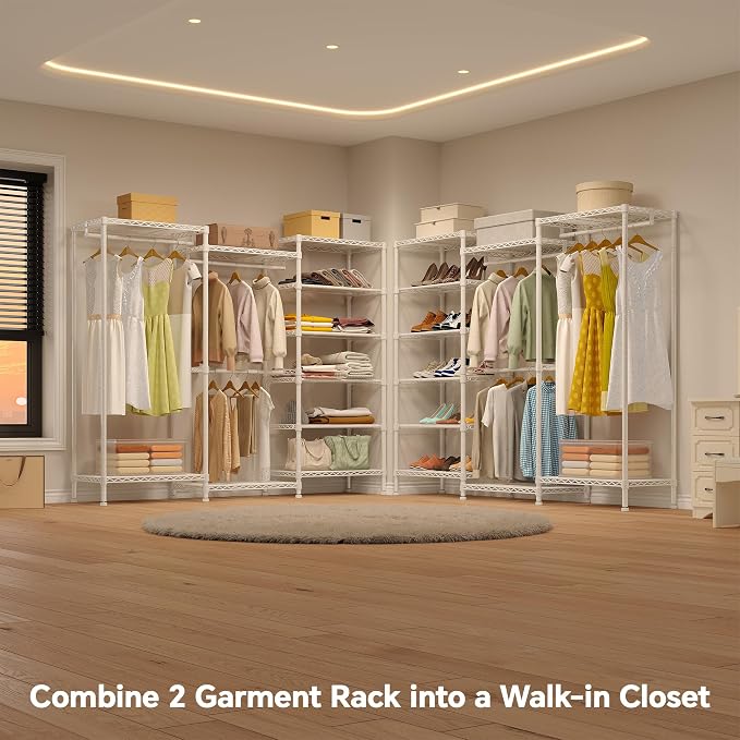 Higeego H12 Heavy Duty Clothes Rack, White | Freestanding Clothing Rack with 10 Adjustable Shelves, Shoe Rack, 3 Hanging Rods, 15.7" D x 68.7" W x 76.4" H