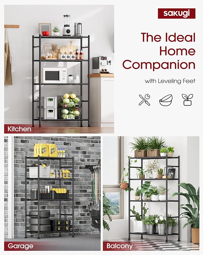 Sakugi 4-Tier Storage Shelves 33.1" x12.6" x58.9" Black with Wheels | Kitchen, Closet, Pantry, Garage, Heavy Duty, Adjustable Feet, Metal Construction