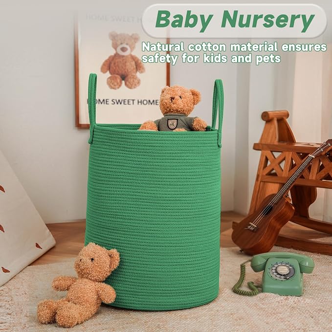JMvicyroam 100L Cotton Rope Laundry Basket Hamper, Dark Green | Collapsible laundry basket, reinforced handles, freestanding, machine washable, holds 3-5 thick blankets, clothes or toys