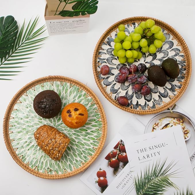 Round Rattan Tray with Mother of Pearl Inlay, Wooden Base | Coffee Table Serving Tray, Home Decorative Wicker Woven, for Outoor Patio Decor