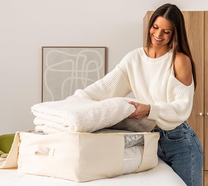 Soft Canvas Storage Bags with Zipper. Thick Breathable, 2pc King/Queen Comforter Organizer. Four Carrying Handles and Window. Large 25x19x9in Bag for Sheets Blankets Bedding Pillows, Clothes