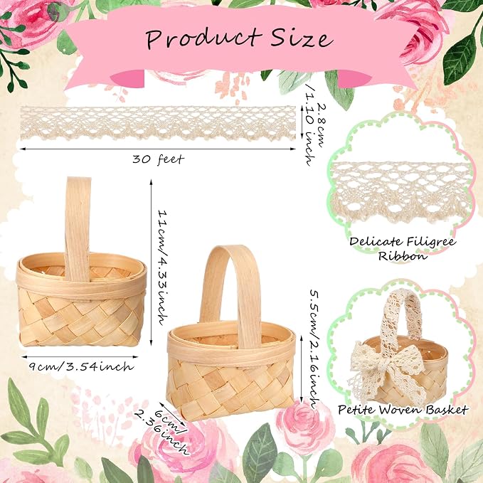 12 Pcs Mini Flower Girl Basket Mini Woven Baskets with Handles Wood Chip Flower Fruit Picnic Holder with White Lace Ribbon Chip Bucket for Wedding Party Gifts Baby Shower Birthday Decoration