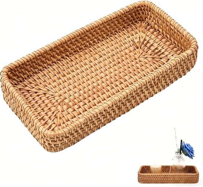 8 Inch Small Rattan Basket Natural Handwoven Tray for Keys Decor | Natural Handwoven Wicker Tray for Jewelry Keys Entryway Coffee Table Bathroom Vanity Wedding Christmas Housewarming Gift