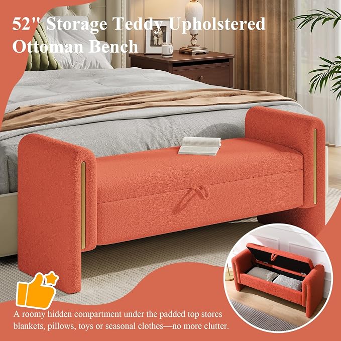 Storage Ottoman Bench, End of Bed Bench with Pull-Ring | 52" Teddy Upholstered, Window Bench with Armrest, Generous Storage, Safety Hinge, Holds 250 LBS, for Bedroom, Orange