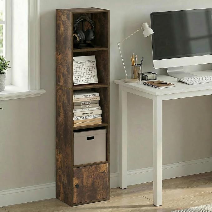 Furinno LUDER Book Shelf, 5-Tier Bookshelf with Open Shelf, Standing Bookcase with 1 Door Cabinet, 9.3 x 12 x 52, for Organization and Storage, for Living Room, Bedroom, Home Office, Amber Pine
