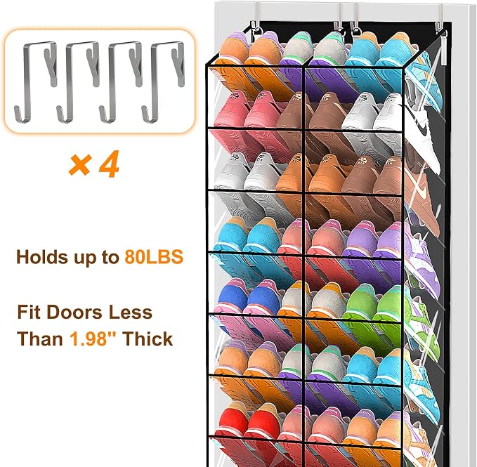 20-30 Pairs Over the Door Shoe Organizer, Transparent PVC Hanging Shoe Rack for Closet, 10-Tier Door Shoes Storage, Crystal-Clear Visibility Fit All the Family's Sneakers, Boots, Heels, Black Frame