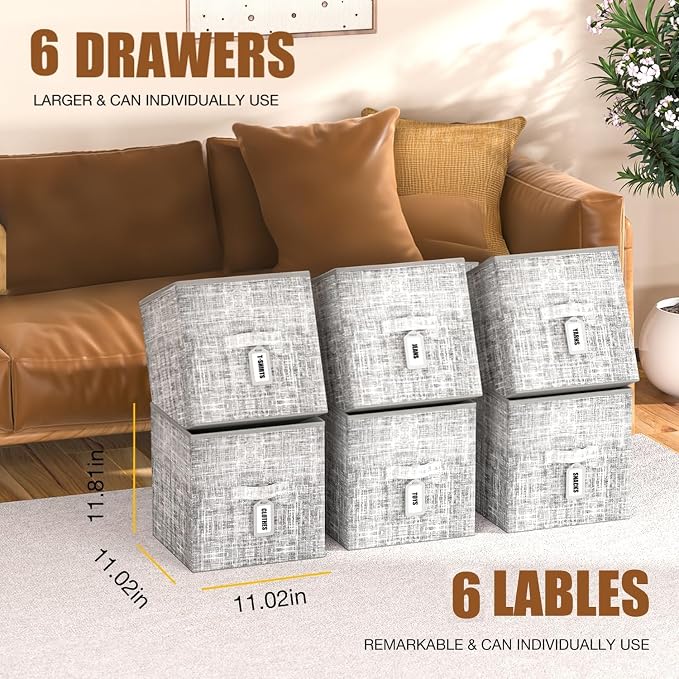 Cube Storage Organizer Shelf + 6 Bins + Labels | Adjustable Modular Cubby Organizer, Beautiful Printed Storage Shelf, Large Capacity, Living Room, Dorm, Yarn