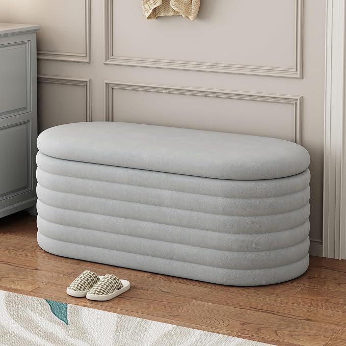Ball & Cast Storage Ottoman Bench, 40" Chenille Upholstered Storage Bench for Bedroom End of Bed,Oval Ottoman with Storage,Entryway Bench with Safty Hinges for Living Room,Light Grey