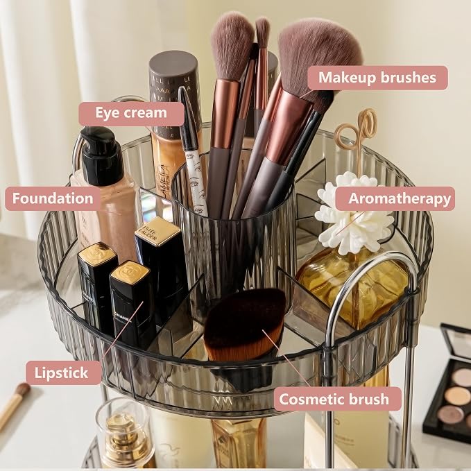YCIA&DONE Rotating Makeup Organizer for Vanity, Large Capacity Make Up Storage Skin Care Shelf Perfume Holders Cosmetic Dresser Organizer Countertop Spinning 360 (Smoky Gray, 3Tiers)