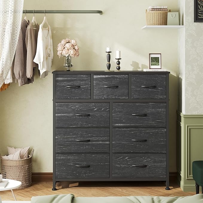 OLIXIS 9 Drawer Tall Dresser for Bedroom, Closet Organizers and Storage | Fabric Dresser with Wooden Top, Chest of Drawers for Clothes Storage, Tower Cabinet, Furniture, TV Stand, Black Wood Grain
