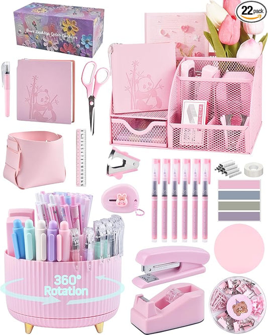 Pink Desk Accessories and Organizers with Desk Organizer and 360°Rotating Pen Holder stapler Pen and a Lot of Office Pink Office Supplies Beautifully Presented in a Gift Box