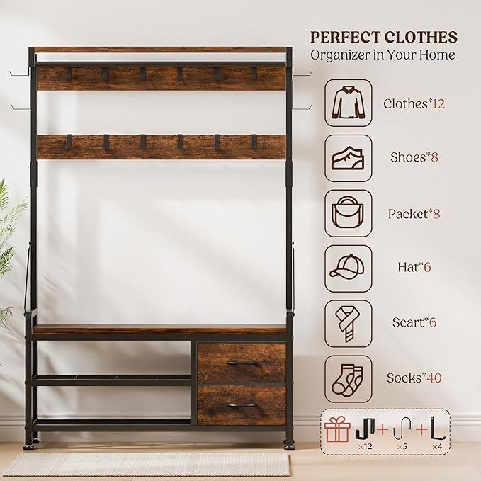 Coat Rack, 39.4” Hall Tree with Shoe Storage Bench, Rustic Brown | 5 in 1 Entryway Furniture Organizer, 21 Hooks, 2 Fabric Drawers, Handy Clothes Rail