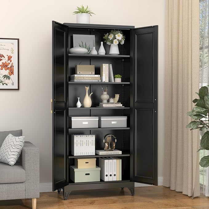 SteeLoong 75”Metal Pantry Storage Cabinet with Doors & 5 Adjustable Shelves | Kitchen Pantry Cabinet,Black Kitchen Cabinet with 2 Gold Handles,Tall Cabinet for Livingroom,Pantry, Bathroom,Kitchen,Garage