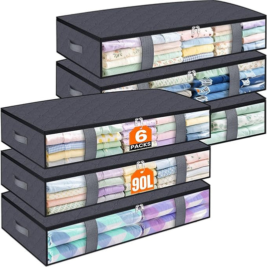 TasticTotes Under Bed Storage Containers, 6 Pack Blanket Storage Bags, Collapsible Storage Bags with Big Zippers, Clear Front, Shoe Storage and Organization for Clothes, Comforter, 90L, Grey