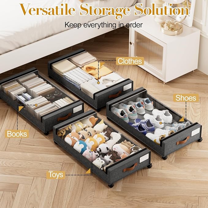 Yecaye Under Bed Storage with Wheels, 4 Pack Under the Bed Storage Containers with Lids & Label, XXL 60 L Rolling Underbed Storage Drawers for Clothes, Blankets, Shoes, Hemp Gray