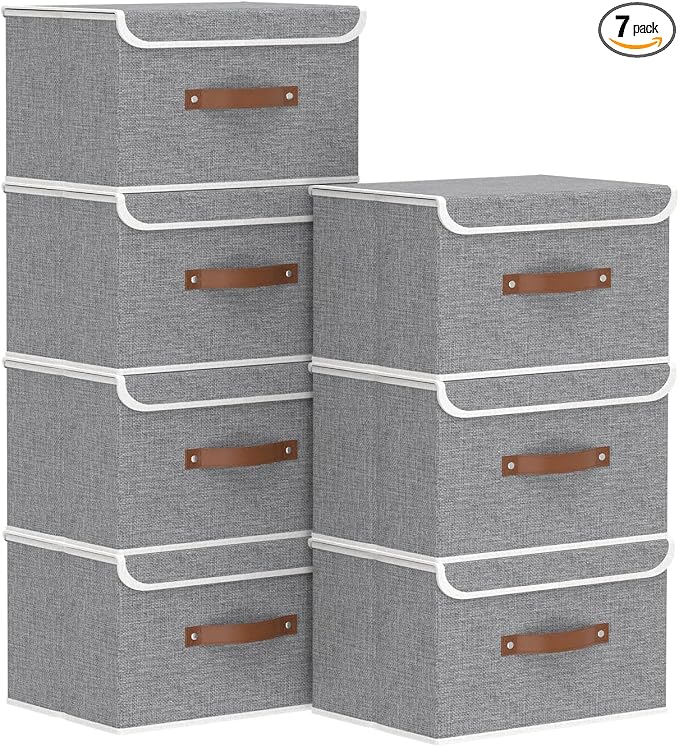 Yawinhe Collapsible Storage Bins,Grey,13.0x9.0x7.9in,7-Pack | Fabric Storage Box with Lids, Washable Cube Organizer Basket; Fabric Container with Leather Handle,Closet Organizer for Home