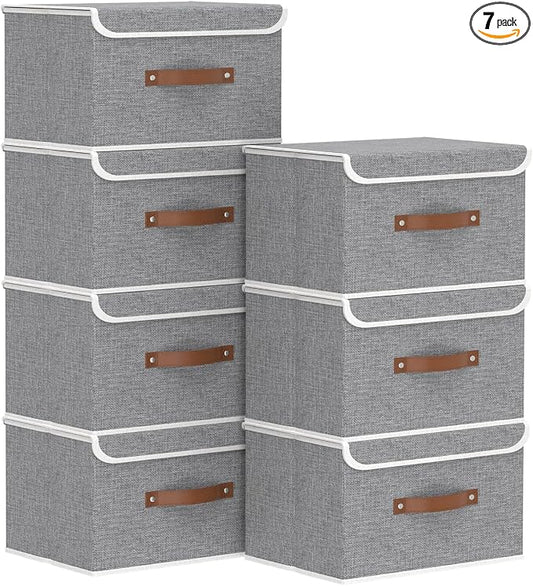 Yawinhe Collapsible Storage Bins,Grey,13.0x9.0x7.9in,7-Pack | Fabric Storage Box with Lids, Washable Cube Organizer Basket; Fabric Container with Leather Handle,Closet Organizer for Home