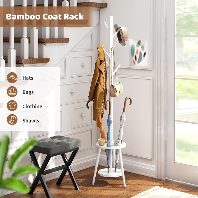 Freestanding Coat Rack with Umbrella Organizer Tray Bamboo Coat Tree Rack with 8 Hook Stand for Clothes Bag Hats Entryway Hanger Stand (Umbrella Tray, White)