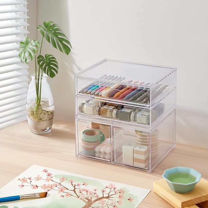 STORi Stackable Desk Organizer Drawers, Clear Pen Pencil Makeup Brush Holder for Desktops and Vanities, 4 Multi-size Drawers (Made in USA)