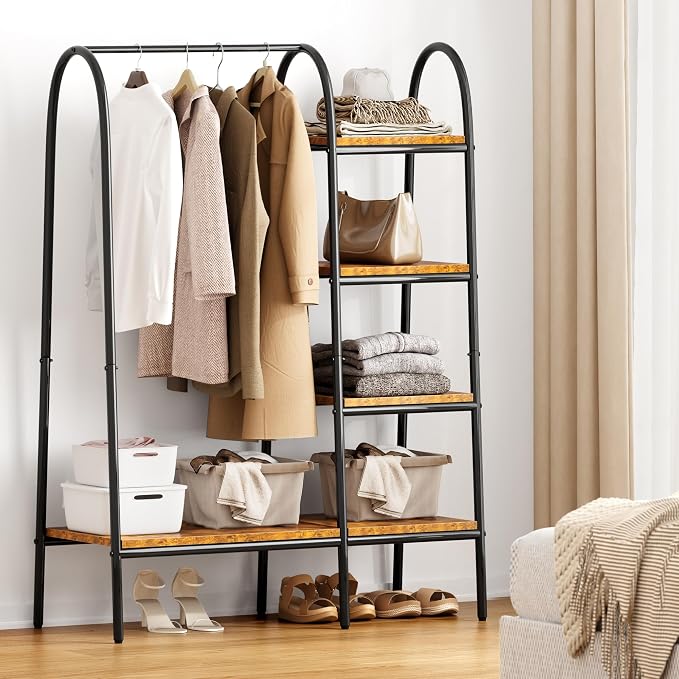 soges Clothes Rack, Garment Rack with 5 Shelves Hanging Bar, Rustic Brown | Open Wardrobe for Hanging Clothes and Storage, Free Standing Closet Organizer, Clothing Rack for Bedroom Entryway Small Space