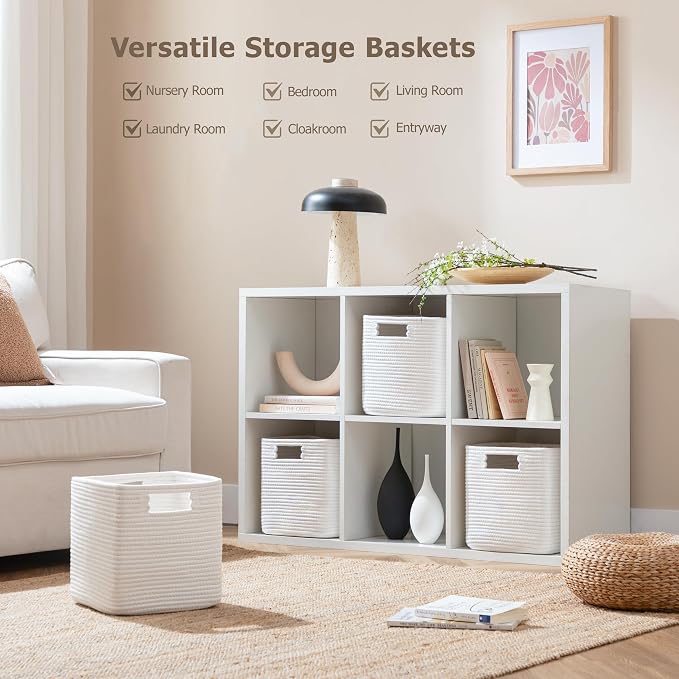 UBBCARE Set of 4 Cotton Rope Basket 13 X 13 X 13 Inches, Woven Storage Baskets for Shelves, Organizing with Handles, Cube Storage Bins for Storage Books, Magazines, White