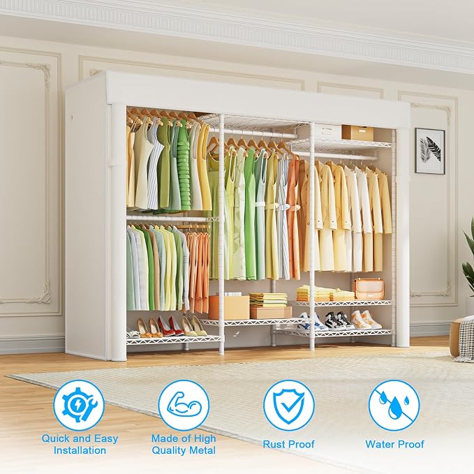E13C Heavy Duty Closet Organizer System，Freestanding Clothing Racks for Hanging Clothes，Adjustable Garment Rack 63" W x 16" D x 77" H Hold 960 lbs，White Clothing Rack with White Dustproof Cover