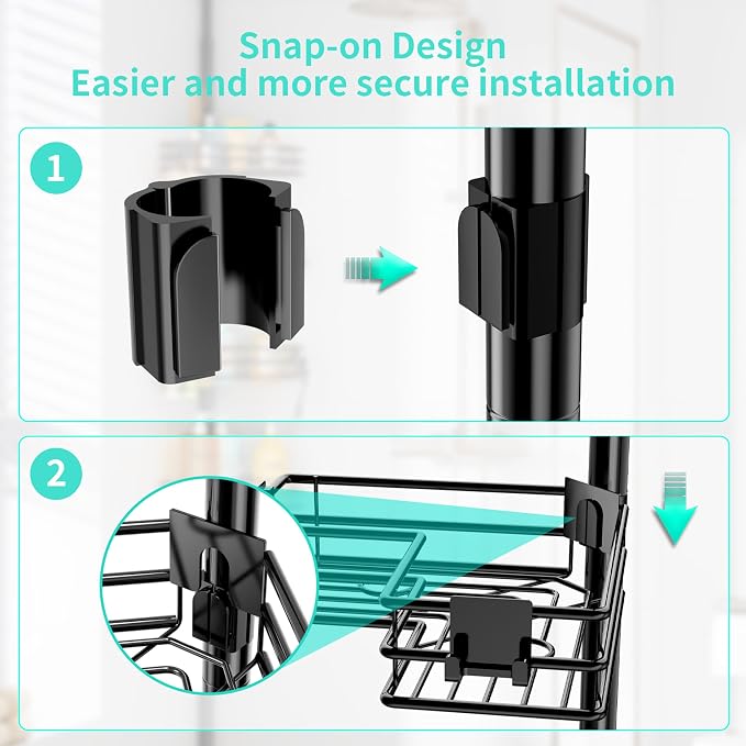 HapiRm Corner Shower Caddy Organizer - Shower Organizer Corner with Soap Holder, Toothbrush Holder and 4 Hooks, Rustproof Bathroom Shelf Tension Pole Available for 27.6 to 108.3 Inch - Black