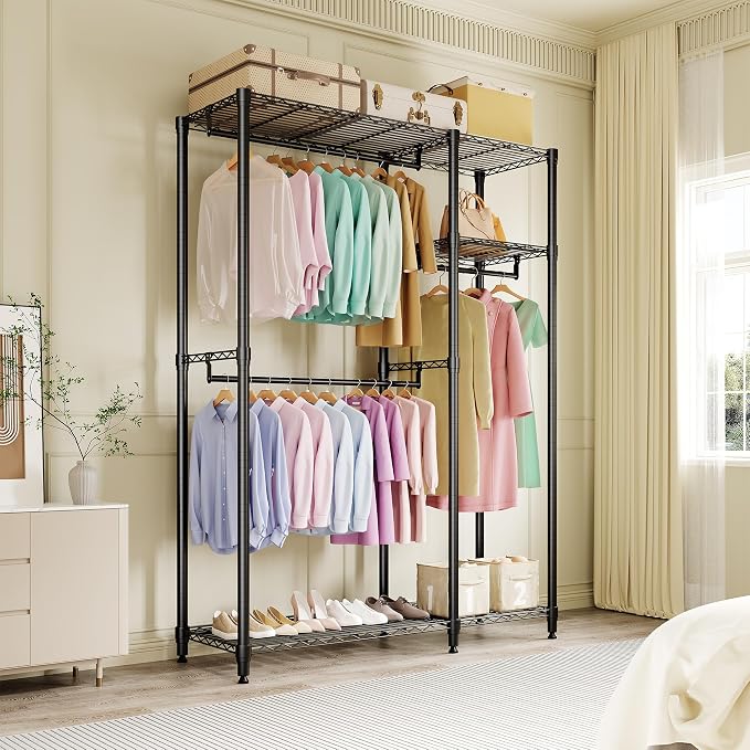 Freestanding Clothes Rack for Hanging Clothes, Heavy Duty Garment Rack Loads 700LBS with 3 Hanging Rods and Adjustable Wire Shelves, Portable Closet Wardrobe Organizer, 76.5"H x 41.6"L x 15.5"W, Black