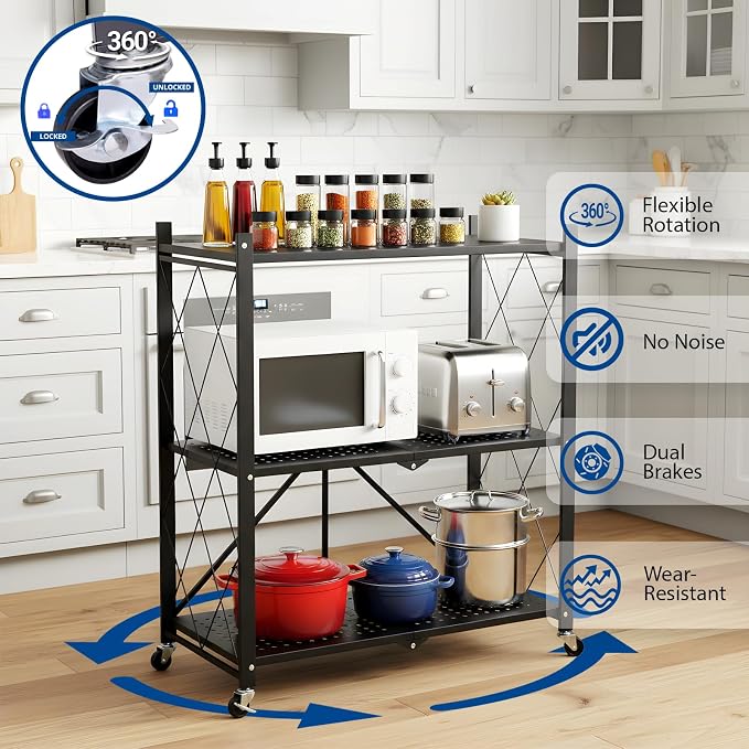 3 Tier Foldable Storage Shelves with Wheels, Metal Collapsible Organization Storage Rack, No Assembly Folding Bookshelf, Rolling Storage Rack for Kitchen, Bedroom, Pantry, Garage, Display, Black