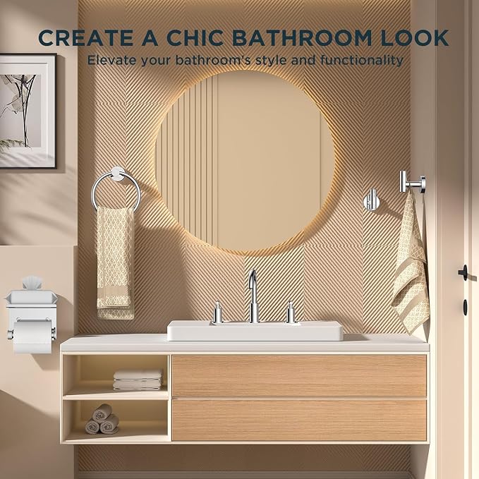 FORIOUS Bathroom Accessories, 5-Piece Bathroom Hardware Set - 24" Towel Bar | Chrome | Towel Hooks, Towel Racks for Bathroom, Toilet Paper Holder With Shelf & Towel Ring | SUS304 Stainless Steel