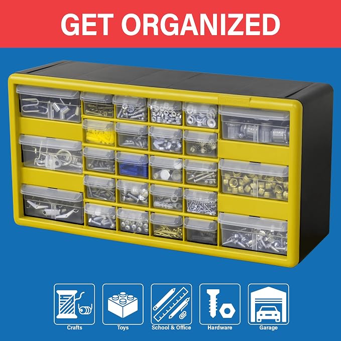 Akro-Mils 26-Drawer Plastic Storage Cabinet, 20"W x 6"D x 10"H, Yellow | Plastic Cabinet w/ Drawers for Garage Organization, Beads, Building Bricks Storage, Teacher Toolbox, Makeup Organizer, 10126