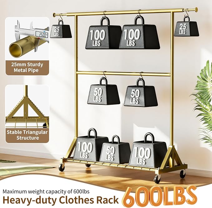 Luxspire Heavy Duty Clothes Rack with Lockable Wheels Load 600 LBS, Gold | Double hanging rods, heavy-duty iron mesh frame, adjustable extendable rods, ideal for laundry room & bedroom garment storage