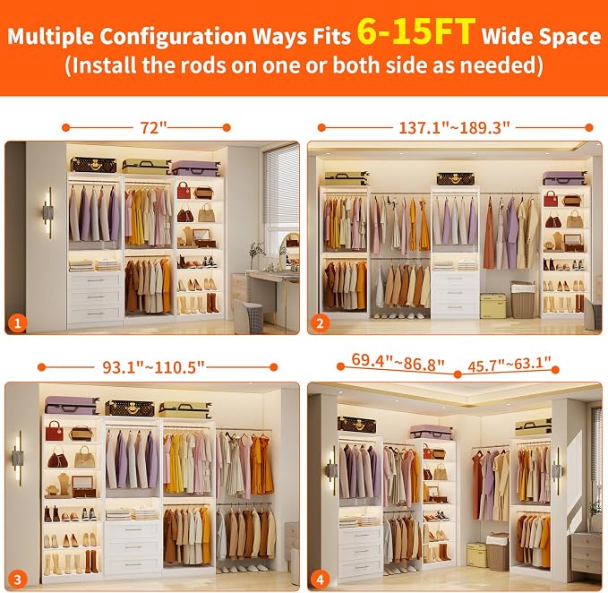 Closet System of 3 Sets, 6-15FT Closet Organizer System Wood with 3 Drawers & 7 Shelves, Walk in Closet Organizer Shelving System with 6 Hanging Rods, Modular Closet System Kits Adjustable, White