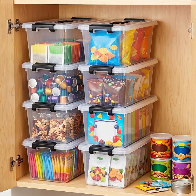 OUTUXED Storage Bins with Lids 10 Pack 7Qt Clear Stackable Containers Boxes | Clear Plastic, Lidded Containers, Stackable Design, for Home Office Pantry and Small-Item Organization